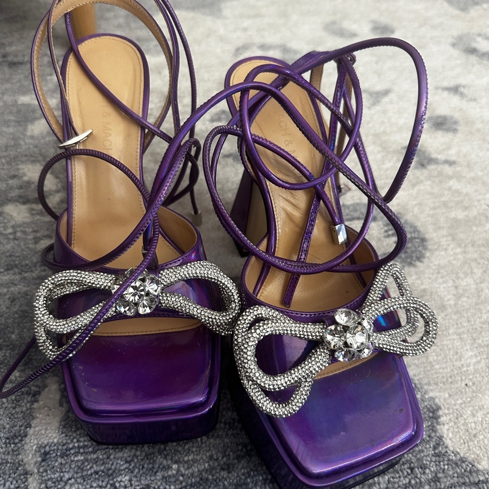 Mach & Mach Purple Strappy Heels with Rhinestone Bow